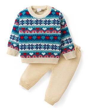 Babyhug Knitted Full Sleeves Pullover Sweater Set with Intarsia Design - Multicolour
