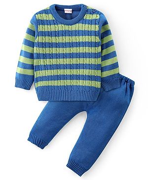 Babyhug Knitted Full Sleeves Striped Sweater Set - Blue & Lime