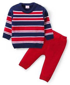 Babyhug Knit Full Sleeves Sweater & Pant Set Stripe Design - Red & Navy Blue
