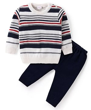 Babyhug Knit Full Sleeves Sweater & Pant Set Stripe Design - White & Navy Blue