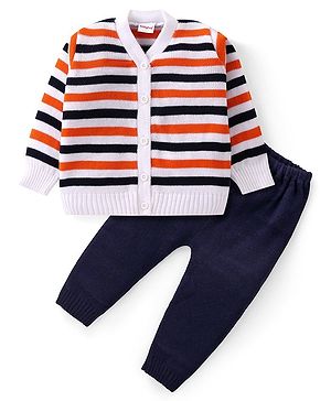 Babyhug Knit Full Sleeves Front Open Sweater Set with Stripes - Navy Blue & Orange