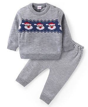 Babyhug Knit Full Sleeves Sweater & Pant Set Santa Claus Design - Grey & Rust