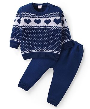 Babyhug Knit Full Sleeves Sweater & Pant Set Heart Design - Navy Blue