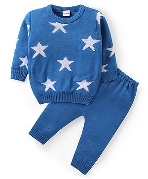 Babyhug Knit Full Sleeves Sweater & Pant Set Star Design - Blue