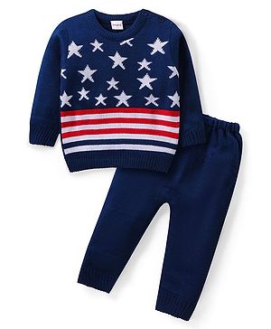 Babyhug Knit Full Sleeves Sweater & Pant Set Stripe & Star Design -Navy Blue
