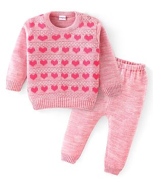 Babyhug Knit Full Sleeves Sweater Set with Heart Design -Pink