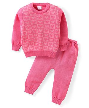Babyhug Knit Full Sleeves Sweater & Pant Set Heart Design - Pink