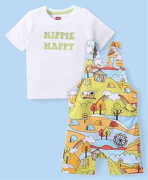 Babyhug Cotton Knit Half Sleeves T-Shirt & Printed Dungaree Set- Multicolour