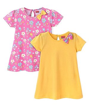 Babyhug Single Jersey Knit Half Sleeves Frocks With Bow Applique & Floral Print Pack Of 2 - Pink & Yellow