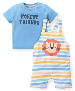 Babyhug Cotton Knit Half Sleeves T-Shirt & Striped Dungaree Set with Tiger Print - Multicolour