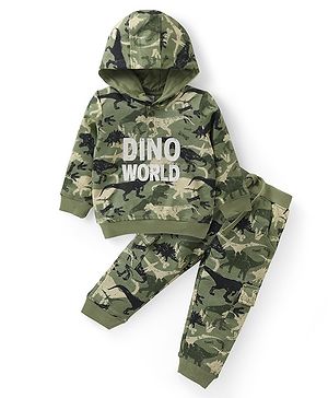 Babyhug Cotton Knit Full Sleeves Dino World Hooded Top & Pants Set With Dinosaurs Print - Green