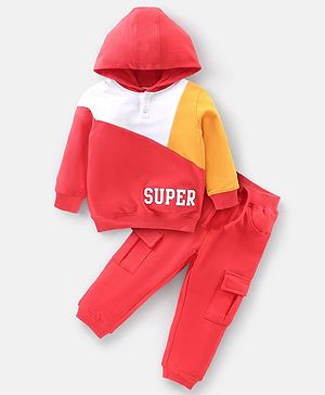 Babyhug Cotton Knit Full Sleeves Hooded T-Shirt & Jogger Pants Set With Color Block Print - Multicolor