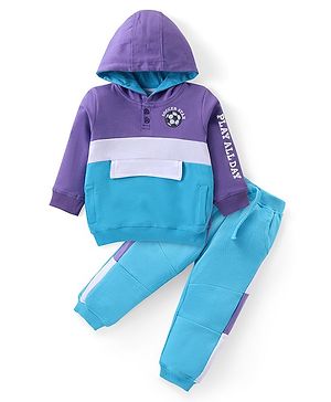 Babyhug Cotton Knit  Full Sleeves Soccer Stars Printed Hooded Top & Pants Set - Multicolor