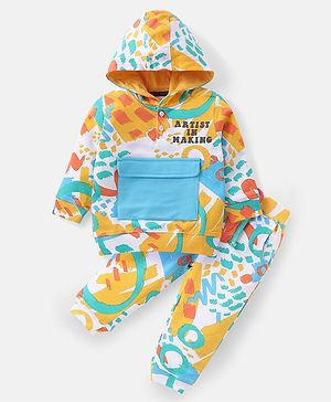 Babyhug Cotton Knit  Full Sleeves Printed Hooded Top & Pants Set - Multicolor