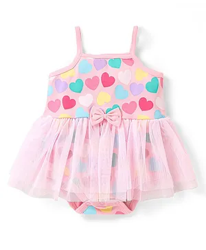 Babyhug 100% Cotton Knit Sleeveless
                              Frock Style Onesie with Bow Applique &
                              Heart Print - Pink
