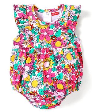 Babyhug 100% Cotton Knit Sleeveless  Onesie with Floral Print - Multicolour