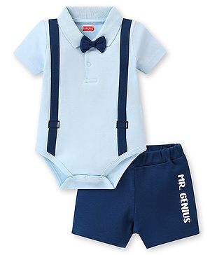 Babyhug 100% Cotton  Knit Half Sleeves Onesie  with Shorts & Bow Applique - Navy Blue