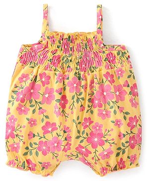 Babyhug 100% Cotton Knit Singlet Sleeves Floral Printed & Gathered Detailing Romper - Yellow