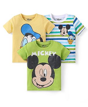Babyhug Disney Cotton Knit Half Sleeves T-Shirts with Mickey Mouse Graphics Pack of 3 - Multicolour