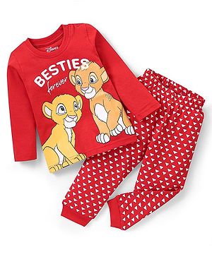 Babyhug Disney Cotton Knit Full Sleeves Night Suit Lion King Print - Red