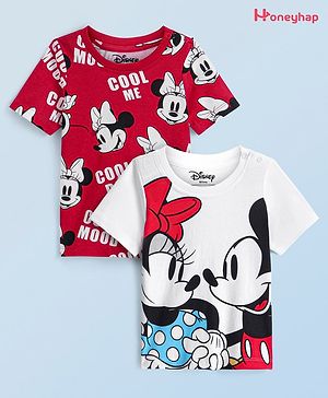 Honeyhap Disney Cotton Knit Half Sleeves T-Shirts with Minnie Mouse Graphics Pack of 2 - White & Red