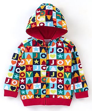 Babyhug 100% Cotton Knit Full Sleeves Sweatjacket With Hood Alphabet Print - Multicolour