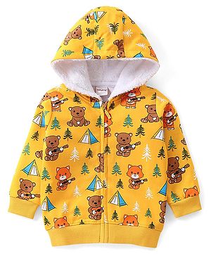 Babyhug Cotton Knit Full Sleeves Hooded Sweatjacket With Hood & Teddy Print - Yellow