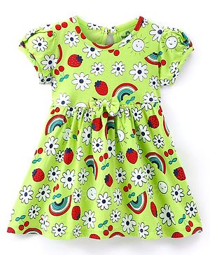 Doodle Poodle 100% Cotton Puffed Sleeves Frock with Rainbow & Floral Print - Green