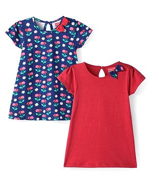 Babyhug Single Jersey Knit Half Sleeves Frocks With Floral Print & Bow Applique Pack Of 2 - Navy & Red