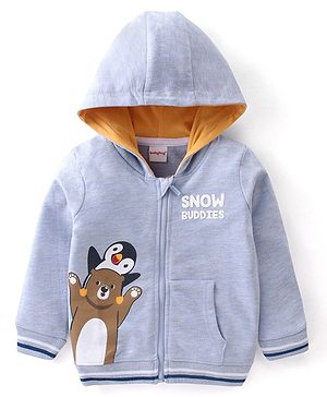 Babyhug Cotton Knit Full Sleeves Hooded Sweatjacket With Hood & Teddy Graphics - Blue