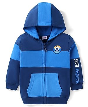 Babyhug Cotton Knit Full Sleeves Cut & Sew Hooded Sweat Jacket with Zipper Front Pocket & Badge Detailing - Navy