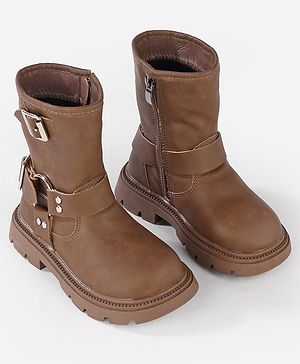 Oh! Pair Slip On Solid Winter Boots with Zipper Closure - Tan