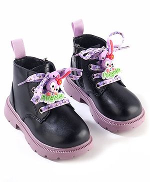 Oh! Pair Lace Up Winter Boots with Bunny Applique - Black