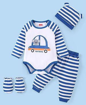 Babyhug 100% Cotton Knit Full Sleeves  Onesies with Leggings Cap & Mittens Koala Print - Blue & White