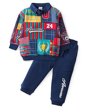 Babyhug Cotton Knit Full Sleeves Collared T-Shirt & Lounge Pants Set With Varsity Print - Navy