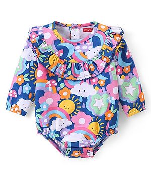 Babyhug 100% Cotton Knit Full Sleeves Onesie with Clouds & Sun Print - Multicolour