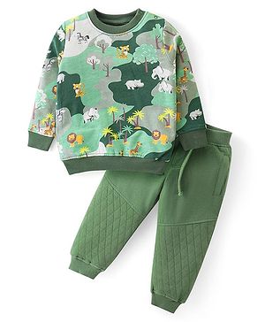 Babyhug Cotton Knit Full Sleeves T-Shirt & Lounge Pants Set With Animals Print - Green