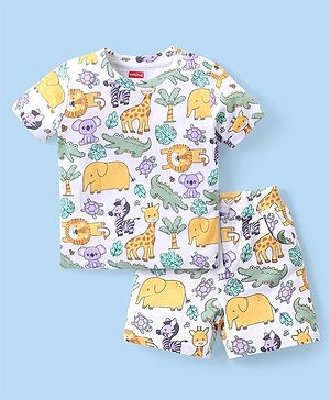 Babyhug Cotton Knit Half Sleeves Animals Printed T-Shirt & Shorts Set - Multicolor