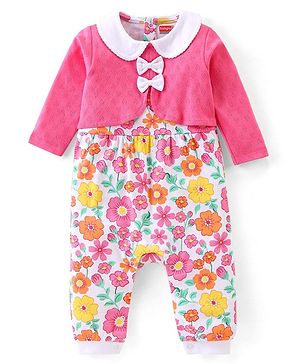 Babyhug 100% Cotton Full Sleeves Peter Pan Collor Romper With Floral Print - Multicolour