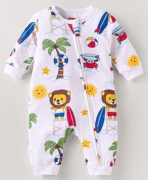 Babyhug 100% Cotton Knit Full Sleeves Romper Lion Print - White