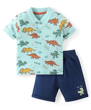 Babyhug Cotton Knit Half Sleeves Polo T-Shirt & Shorts Set With Dinosuars Print - Light Blue & Navy