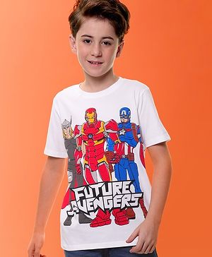 Pine Kids Marvel Cotton Knit Half Sleeves T-Shirt with Front & Back Avengers Graphics - White