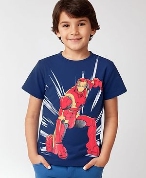 Pine Kids Marvel Cotton Knit Half Sleeves Front & Back Iron Man Graphic T-Shirt - Navy Blue