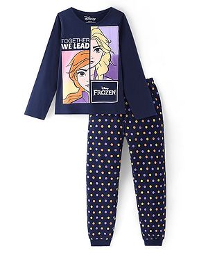 Pine Kids Disney Cotton Knit Full Sleeves Night Suit With Disney Frozen Princess Graphics - Navy