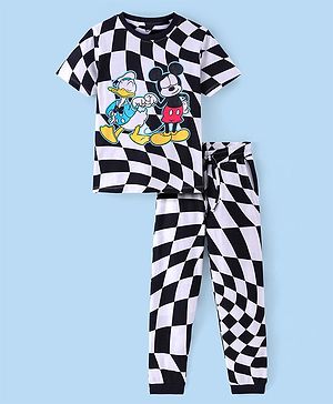 Pine Kids Disney Single Jersey Knit Half Sleeves Checkered Night Suit with Mickey Mouse & Friends Graphics - Black & White