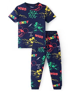 Pine Kids Disney Cotton Knit Half Sleeves Night Suit With Mickey Mouse Print - Navy Blue