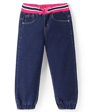 Babyhug Denim Full Length Joggers with Bow Applique - Dark Blue