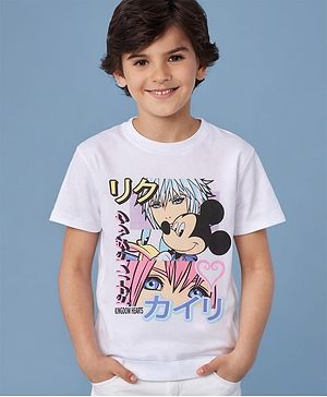 Pine Kids Disney Cotton Knit Half Sleeves T-Shirt With Mickey Mouse Graphics -White