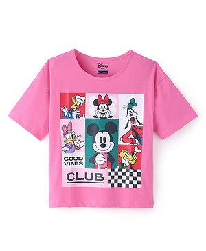 Pine Kids Disney Cotton Knit Half Drop Shoulder Sleeves Oversize T-Shirt With Minnie & Friends Graphics - Pink