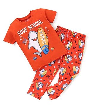Babyhug Cotton Knit Half Sleeves Surfing Shark Print Night Suit - Red